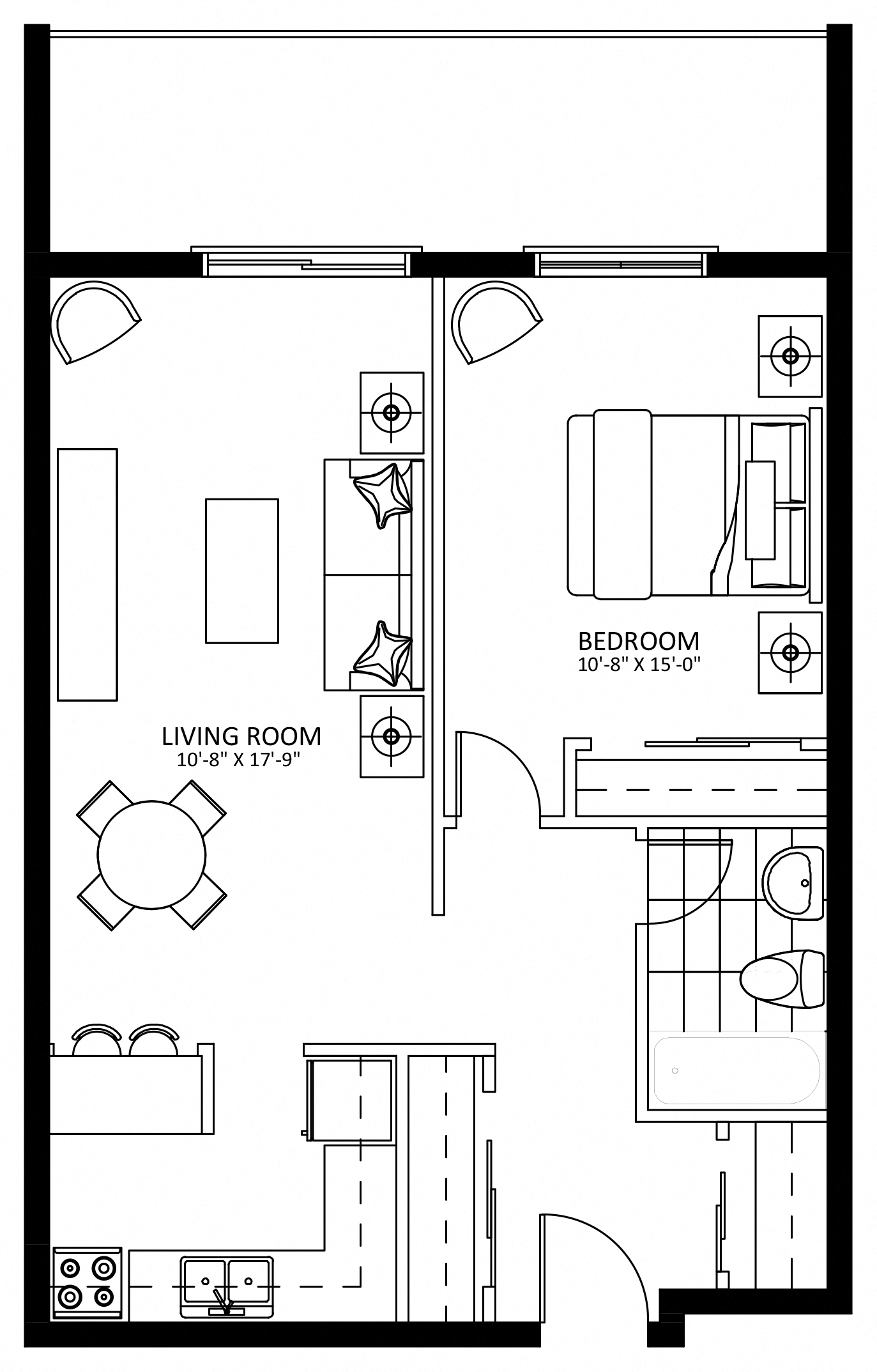 Floor plan for 1 bed, 1 bath, 692 sqft
